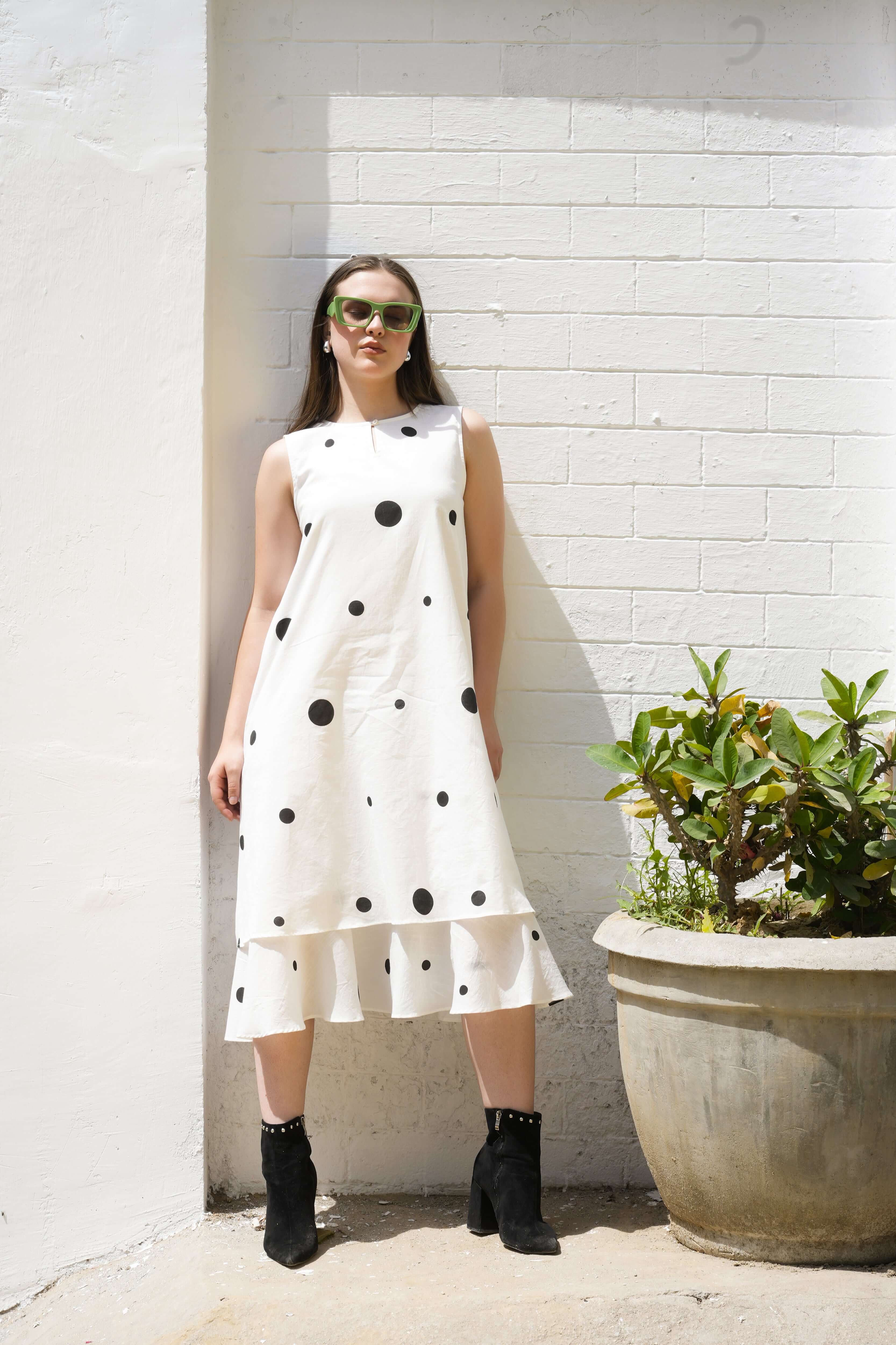 Front view of Classic Dots dress with polka dot pattern