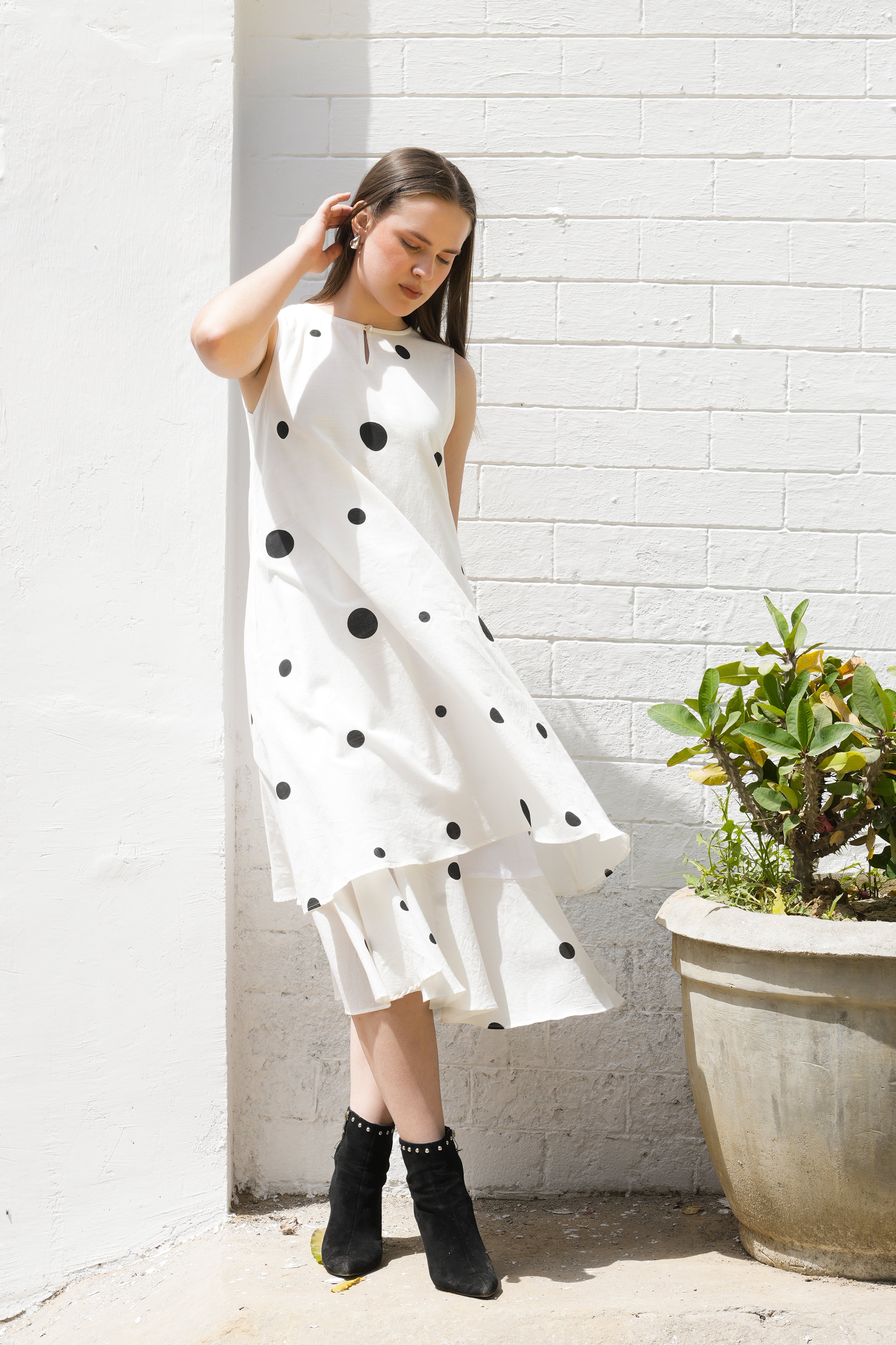 Model showcasing Classic Dots dress full look