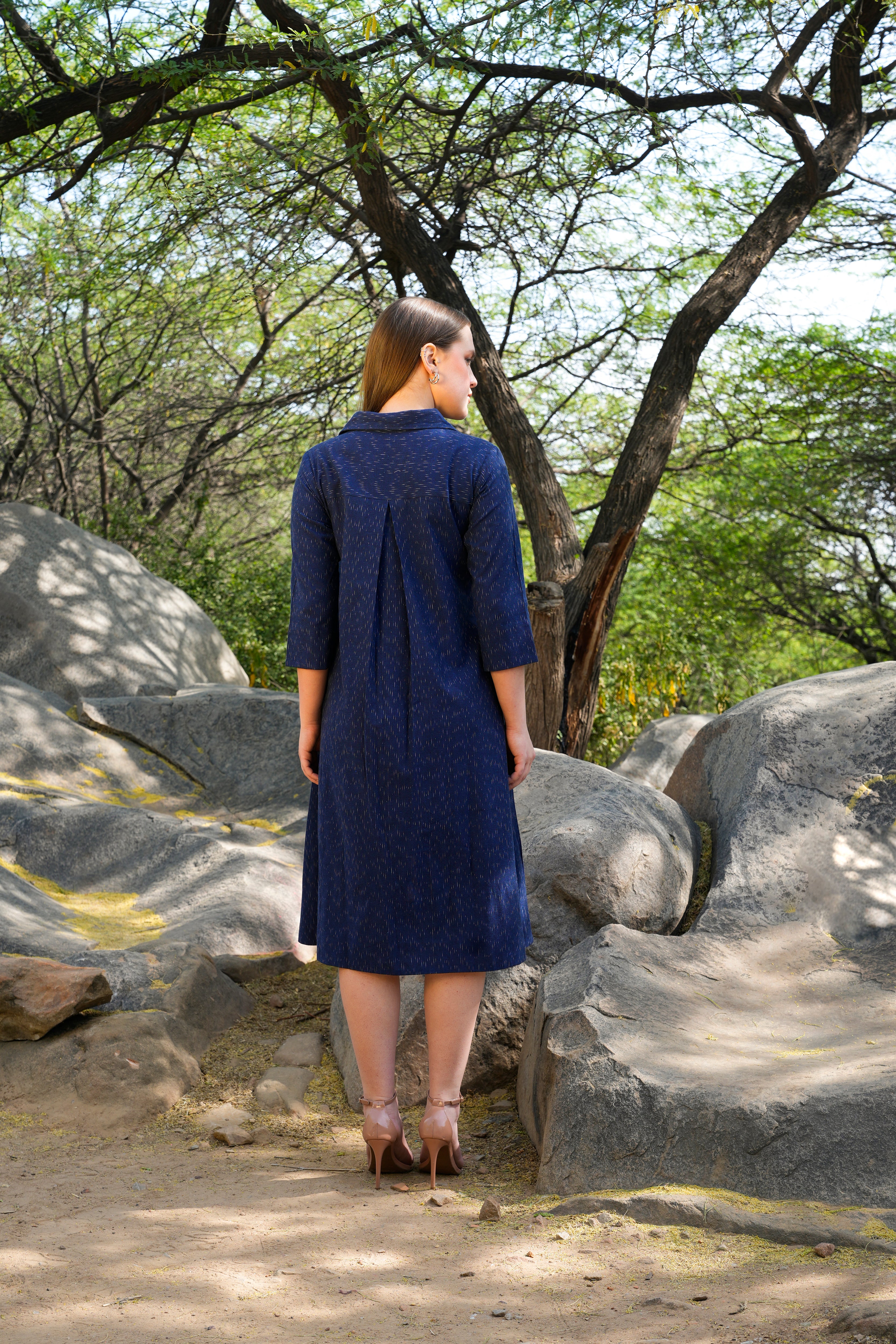 Indigo Pop dress in rich blue hues, front full view