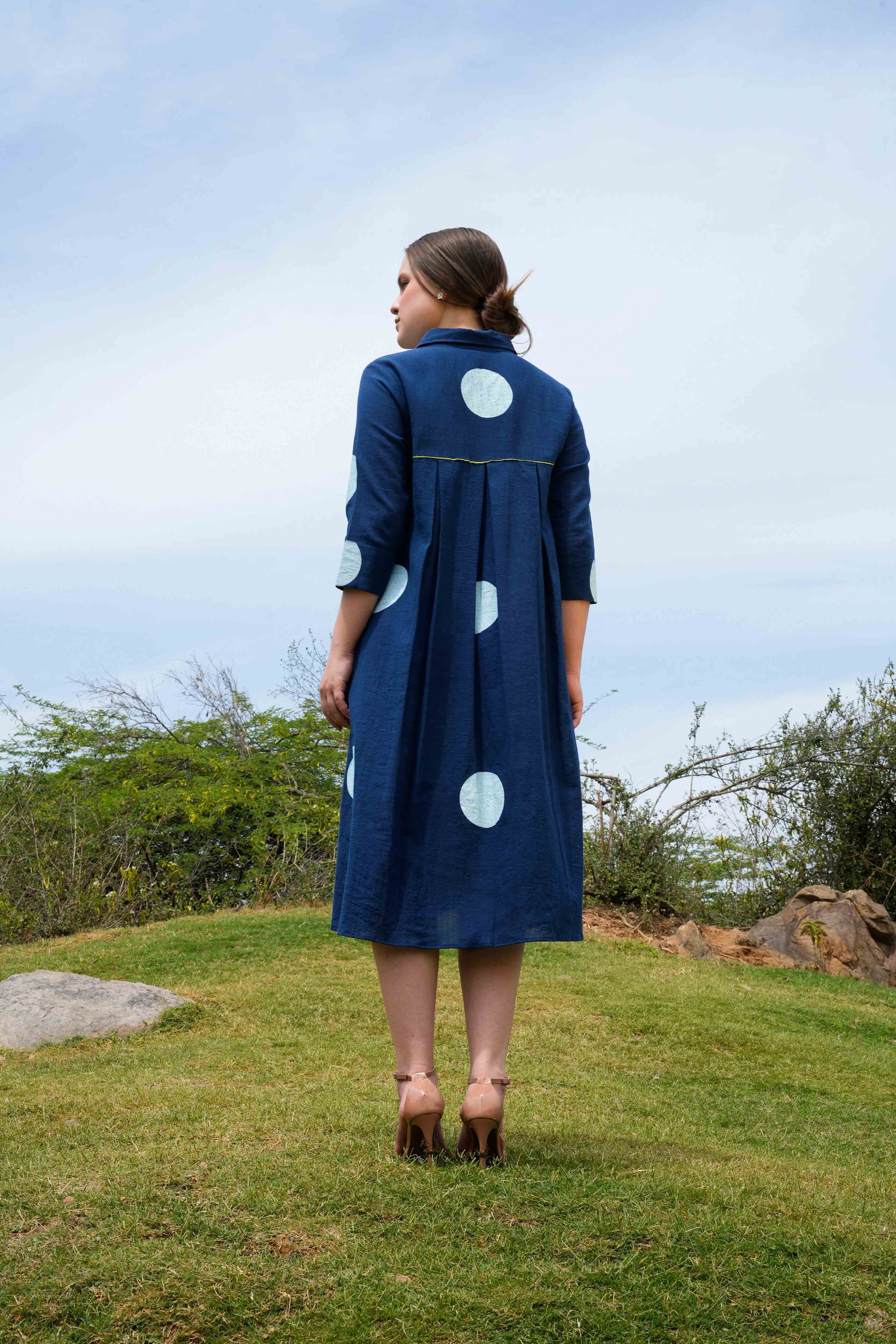 Indigo Pop dress - back view highlighting fit and cut