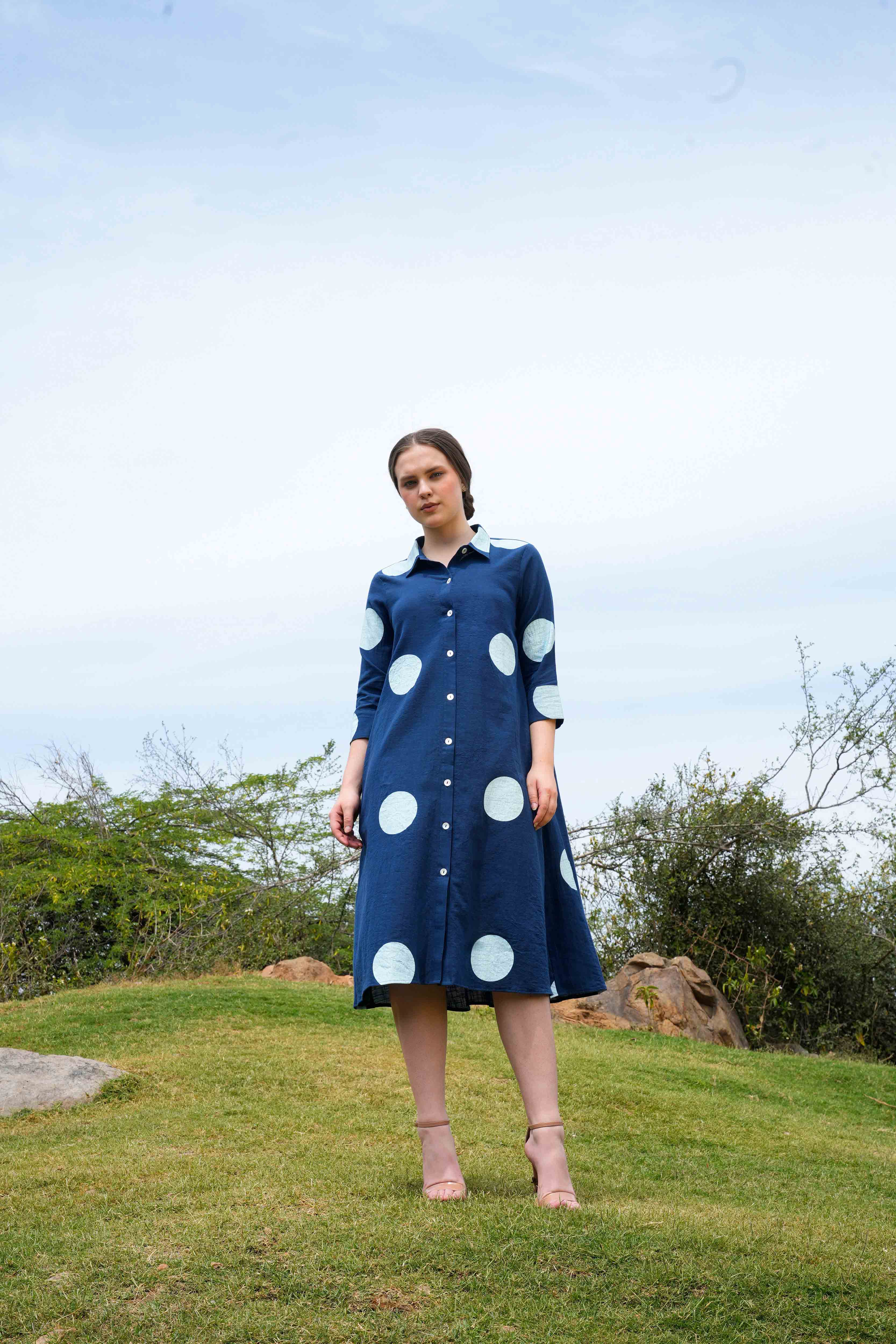 Indigo Pop dress in rich blue hues, front full view