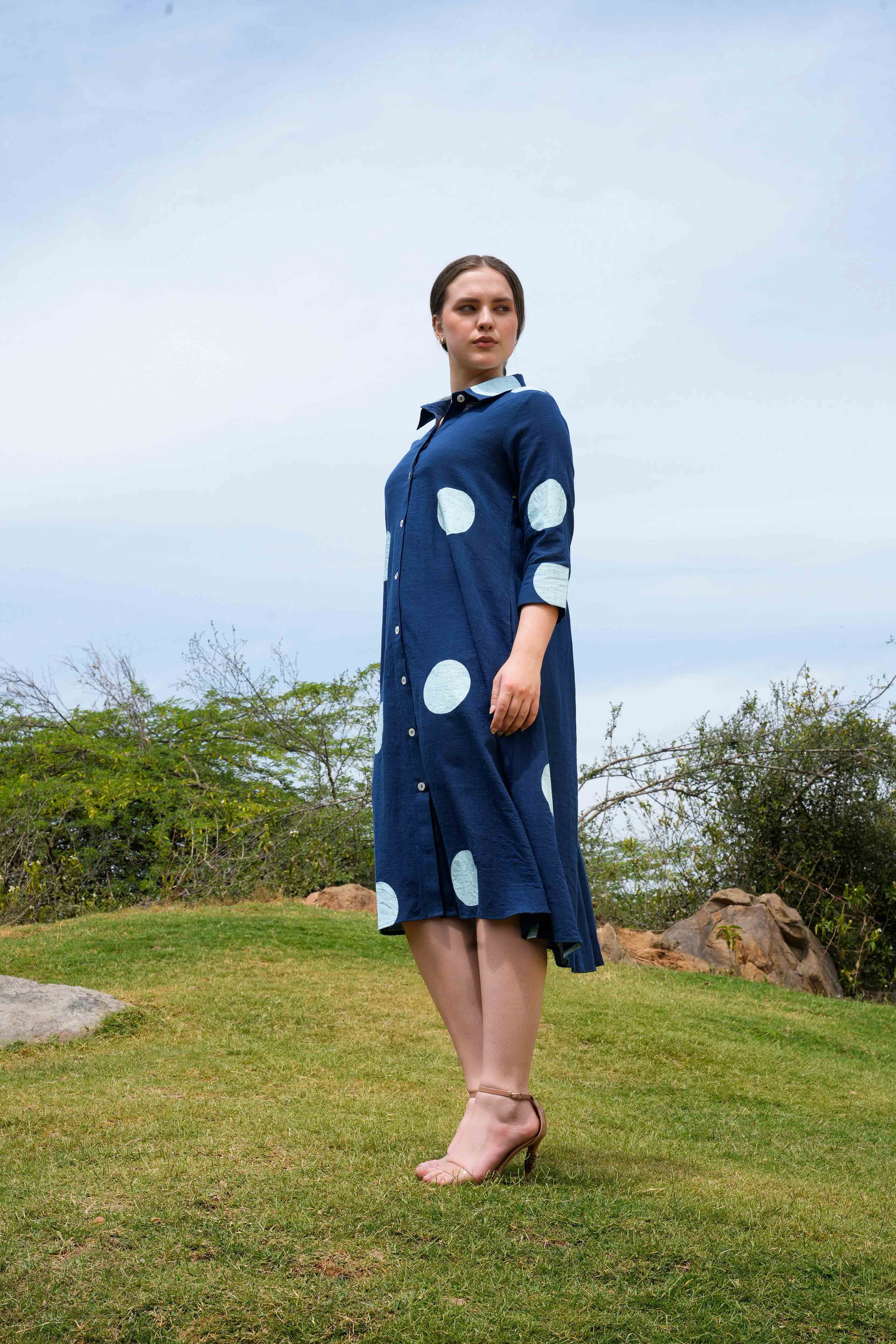 Indigo Pop dress - side view showcasing fit and flow