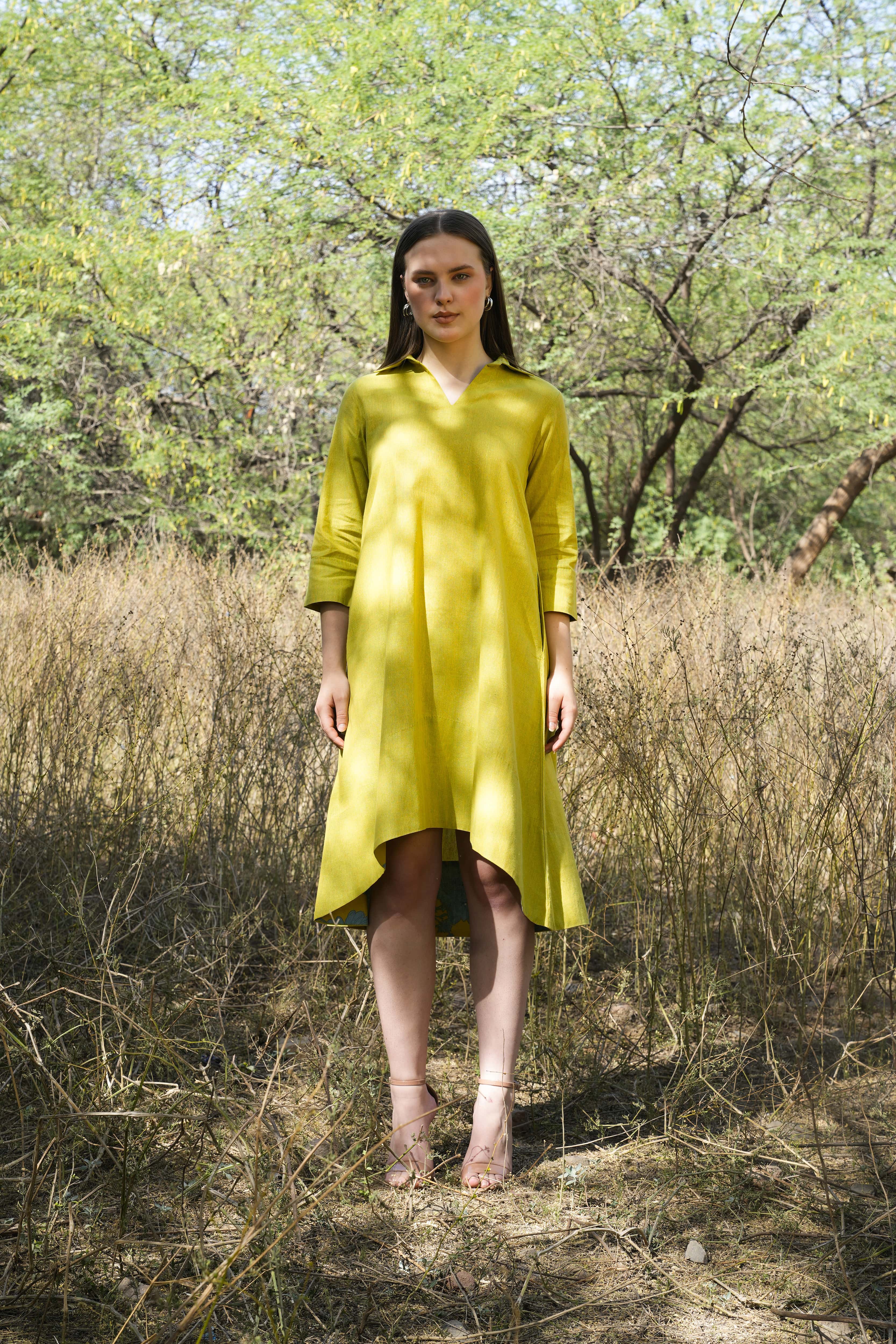 Lemonlight dress in vibrant yellow tones, front full view
