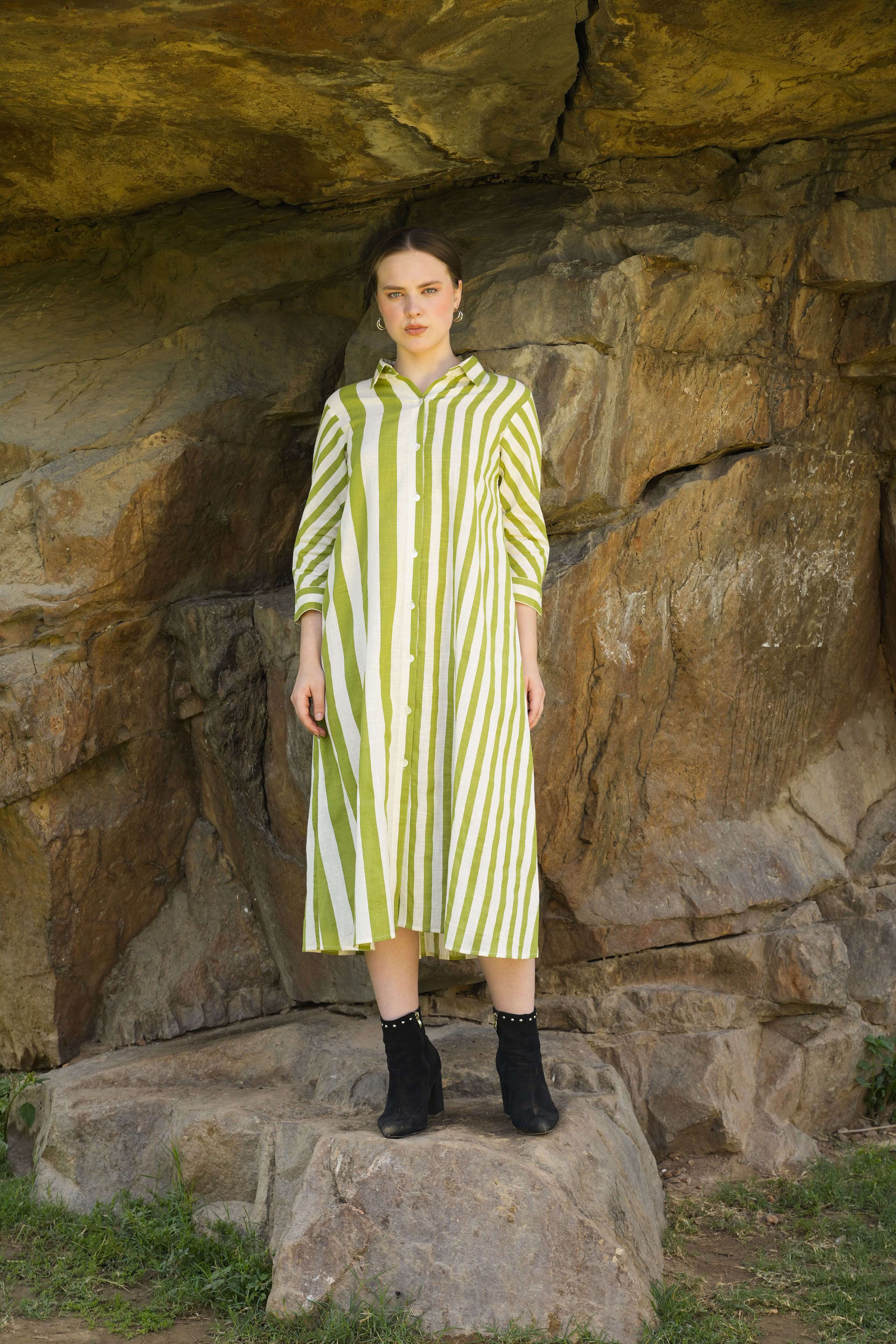 Olive Echo dress with earthy tone and flowy design, front