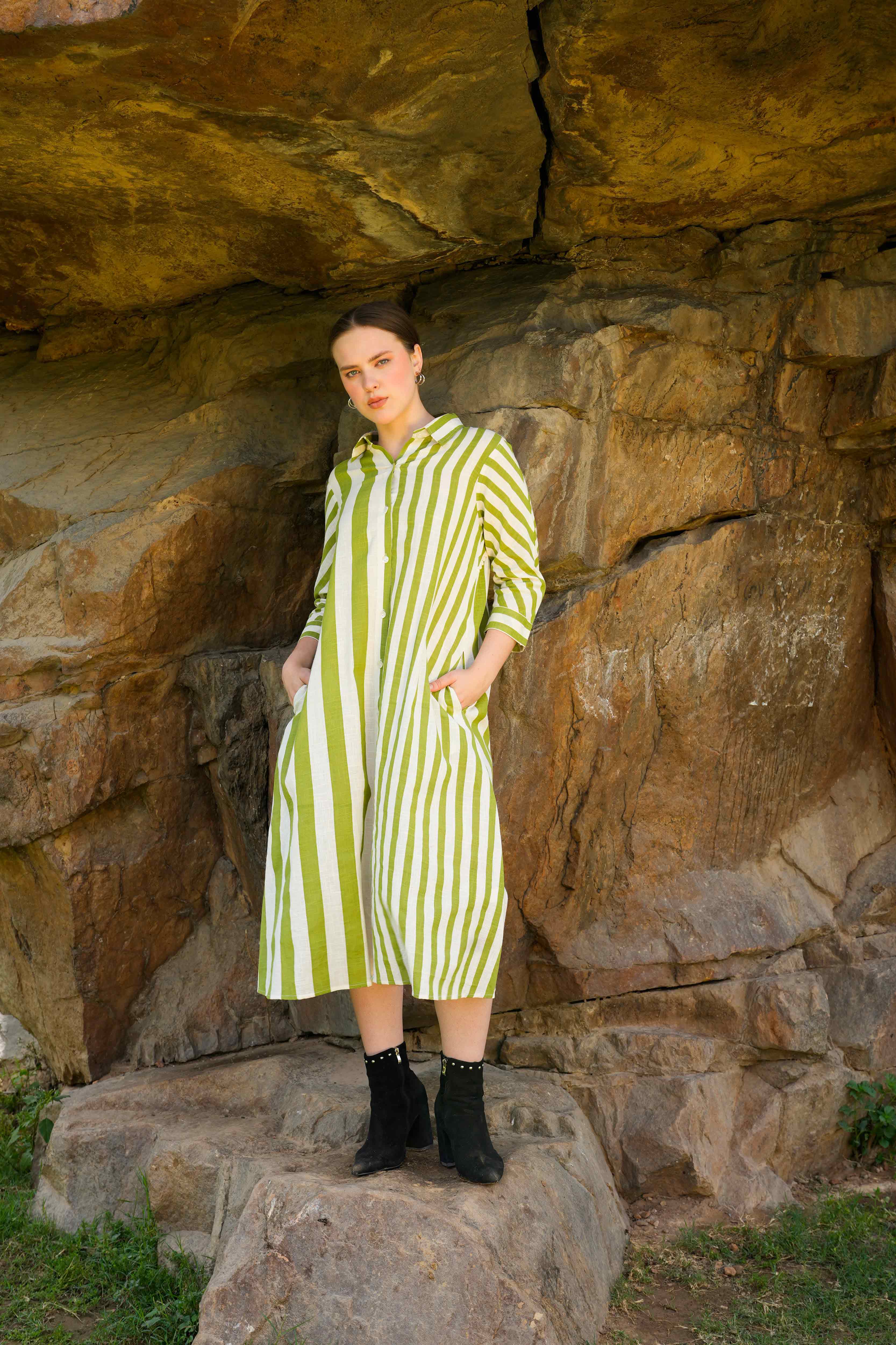 Lifestyle look of Olive Echo dress with modern silhouette