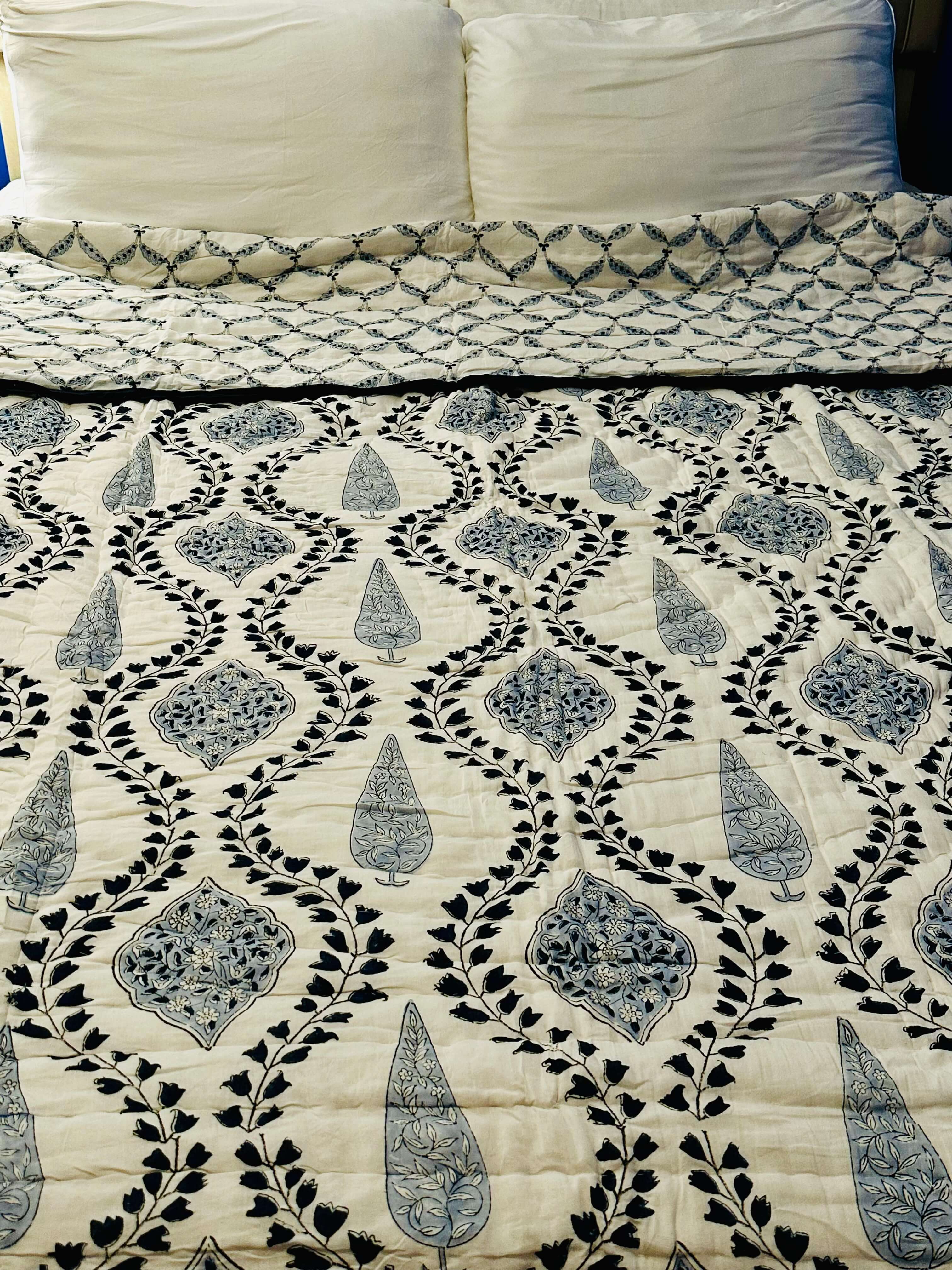 Blue Mosaic quilt with geometric patterns, front full display
