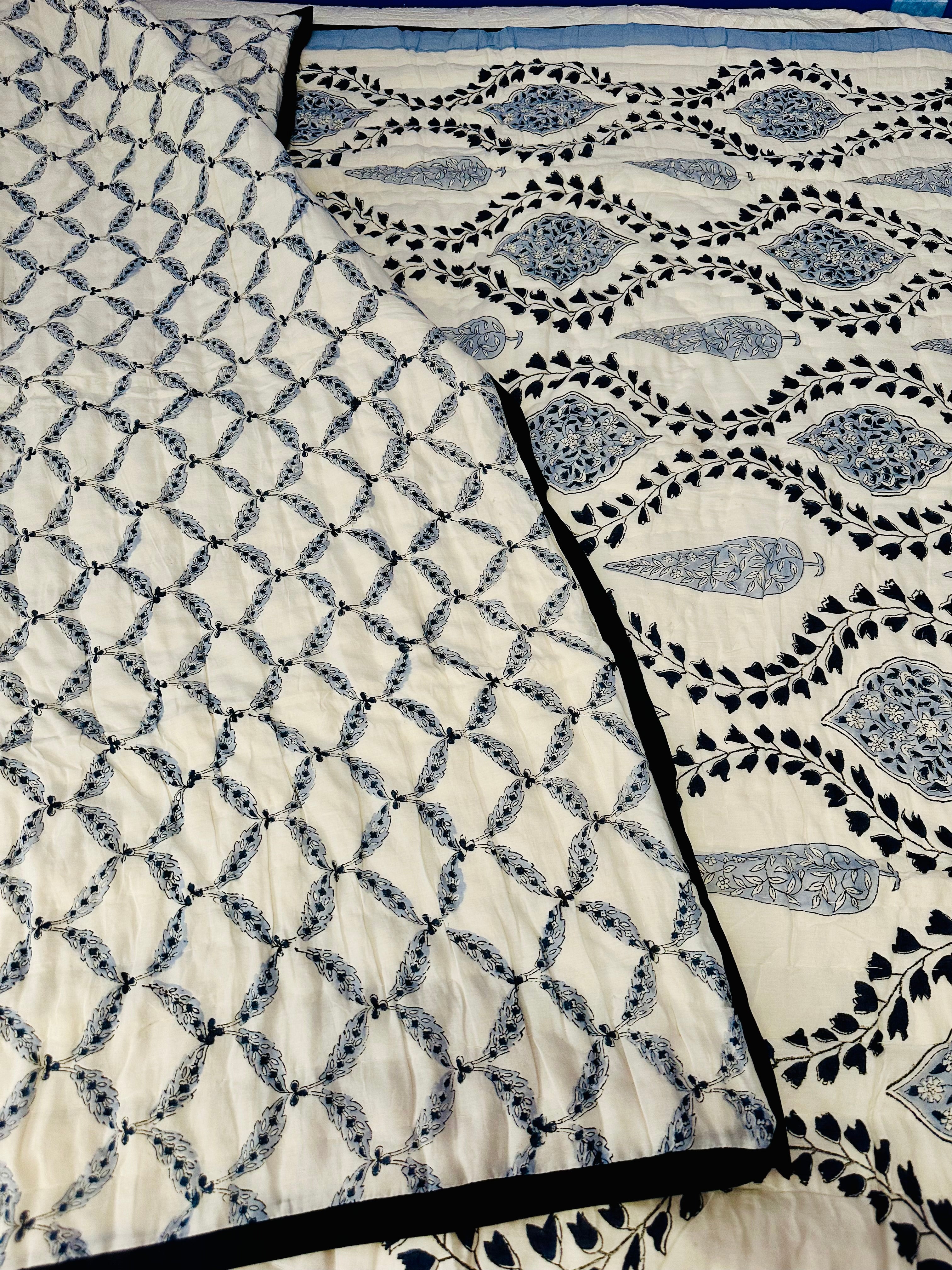 Blue Mosaic quilt with geometric patterns, front full display