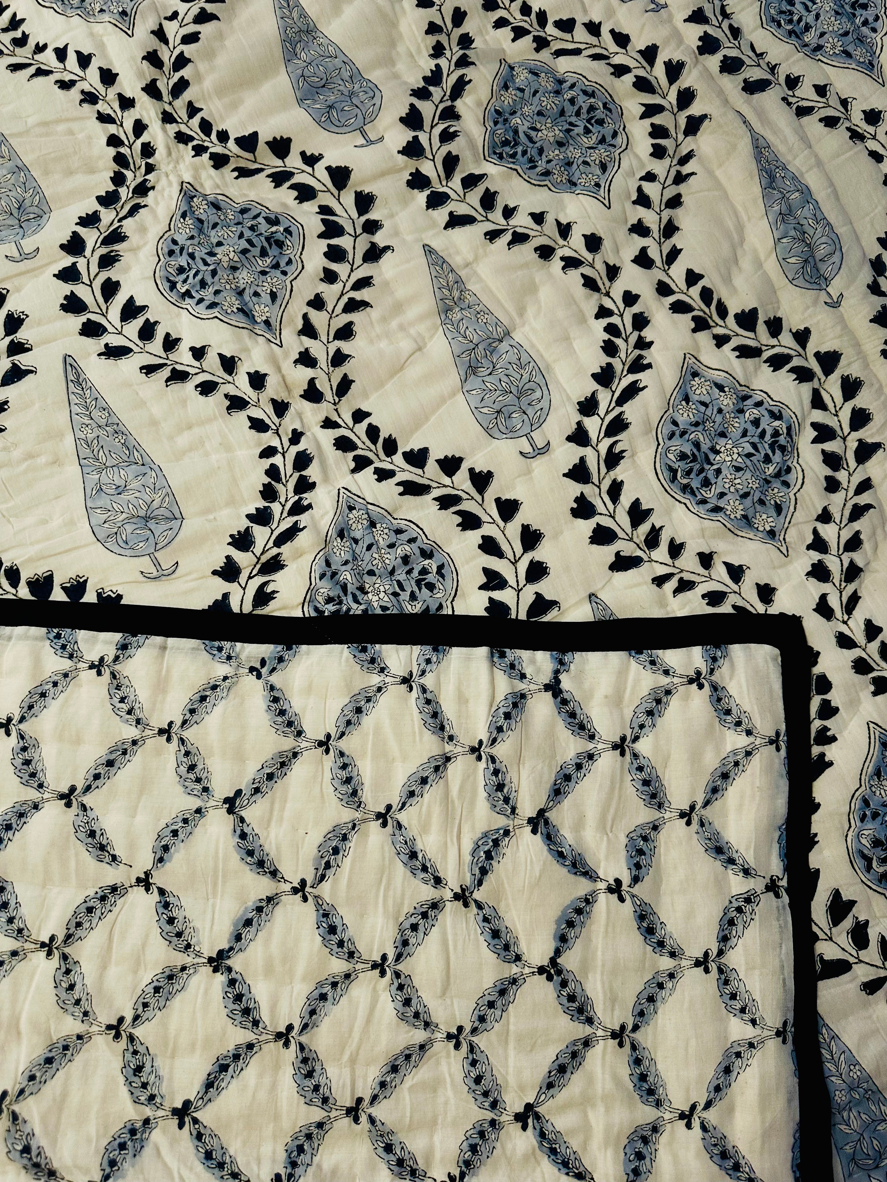 Blue Mosaic quilt with geometric patterns, front full display