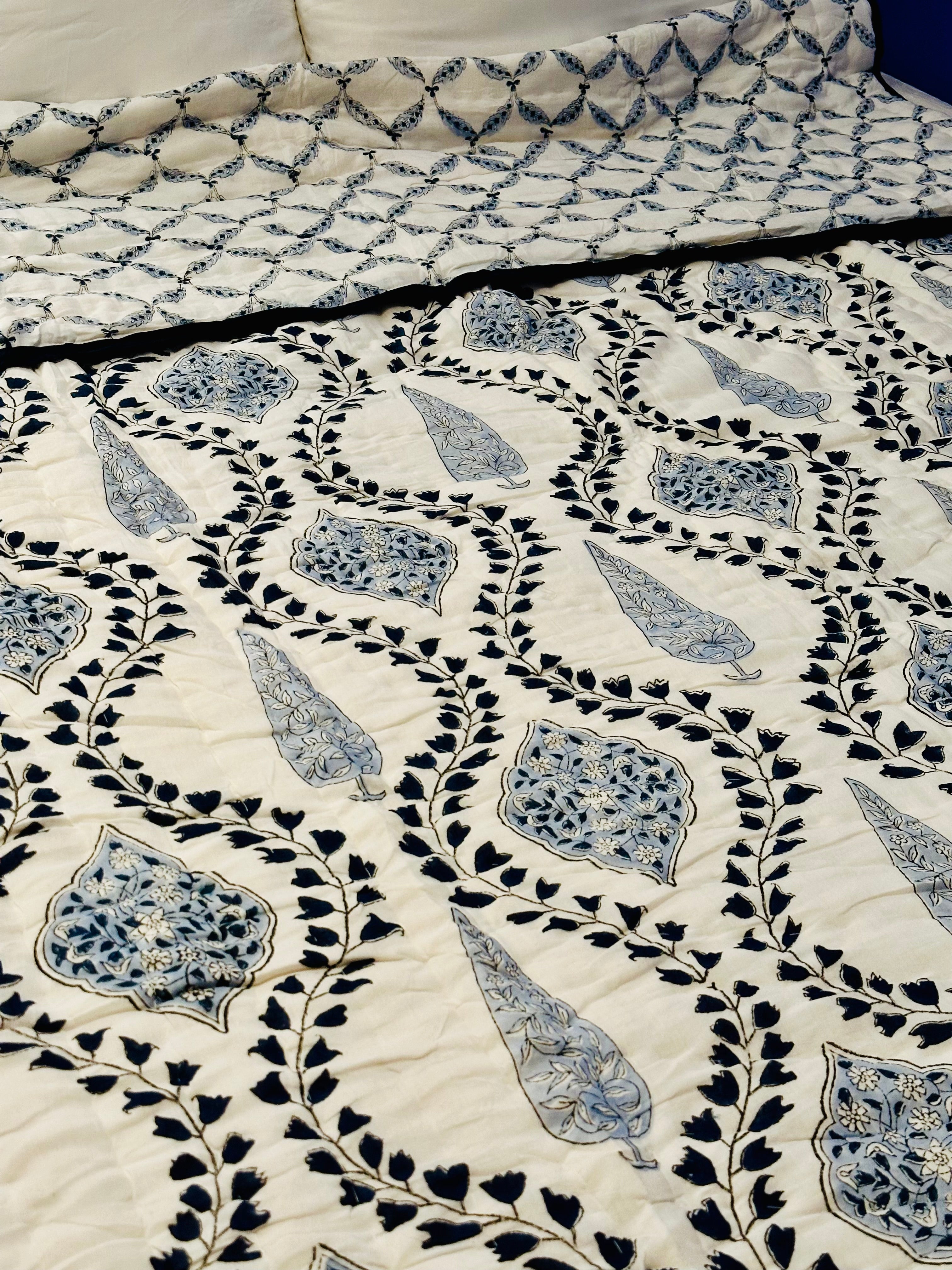 Blue Mosaic quilt with geometric patterns, front full display