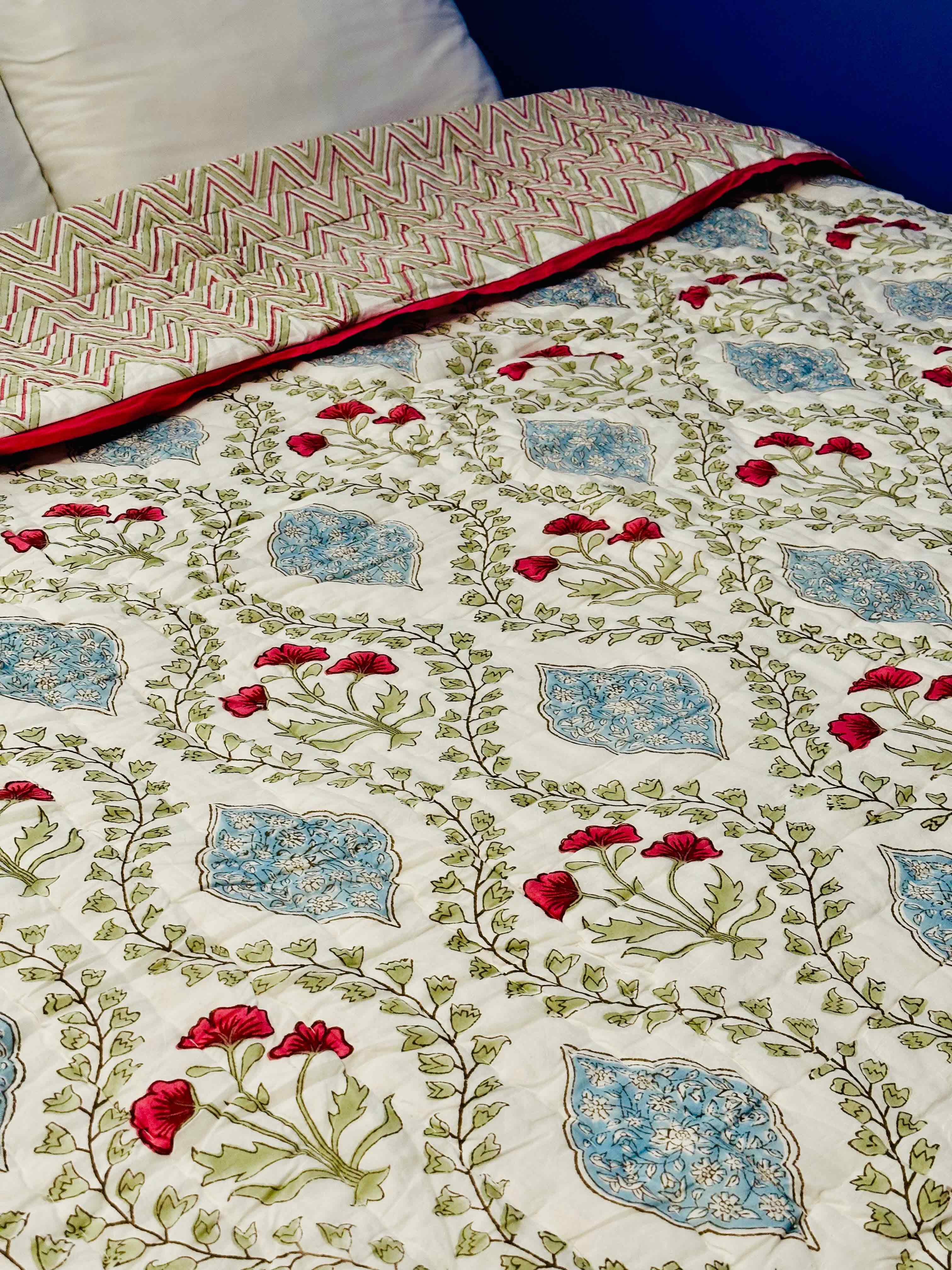 Side view of Spring Dream quilt showcasing layered fabric