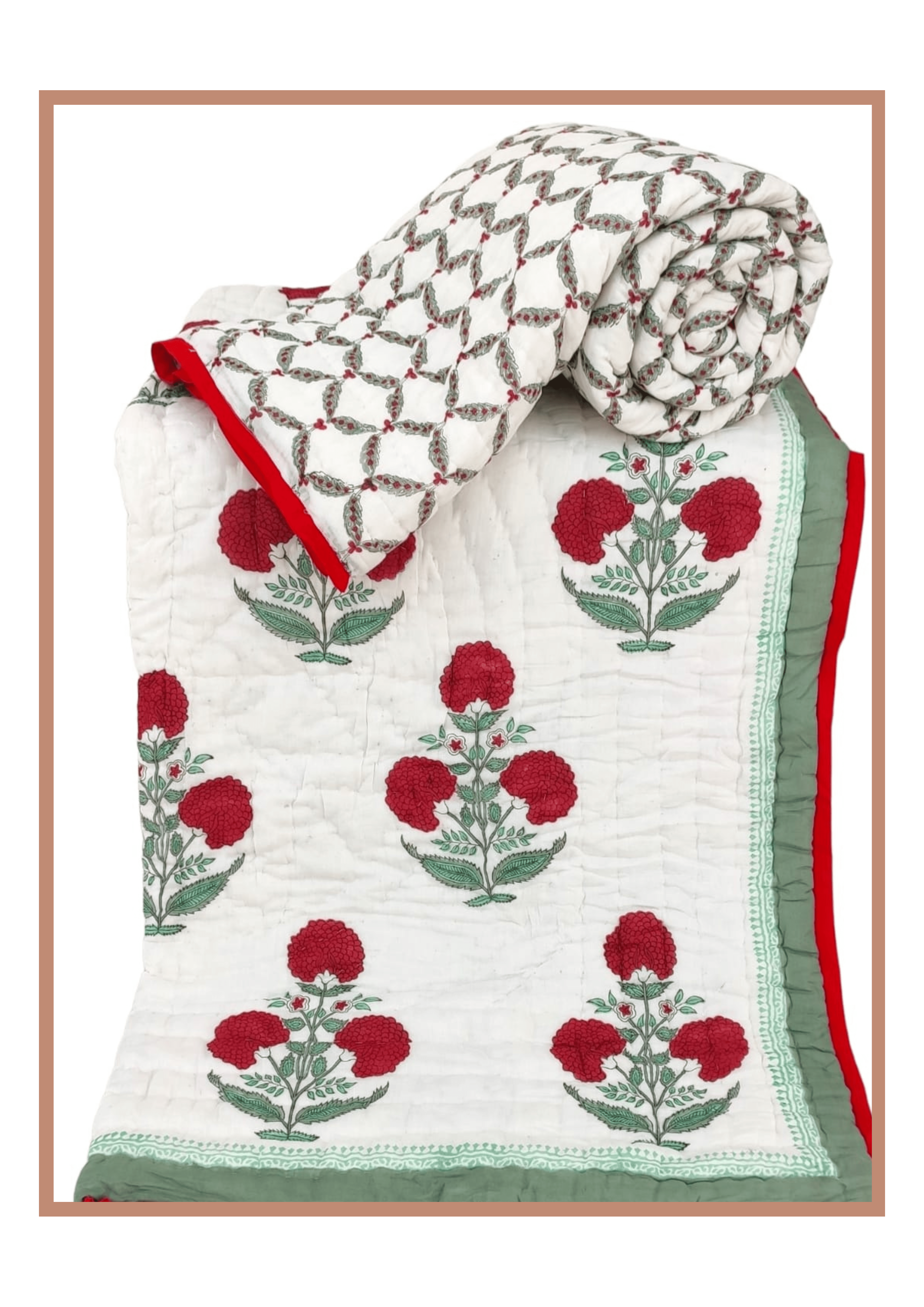 Red Dahlia quilt displayed in twin size layout