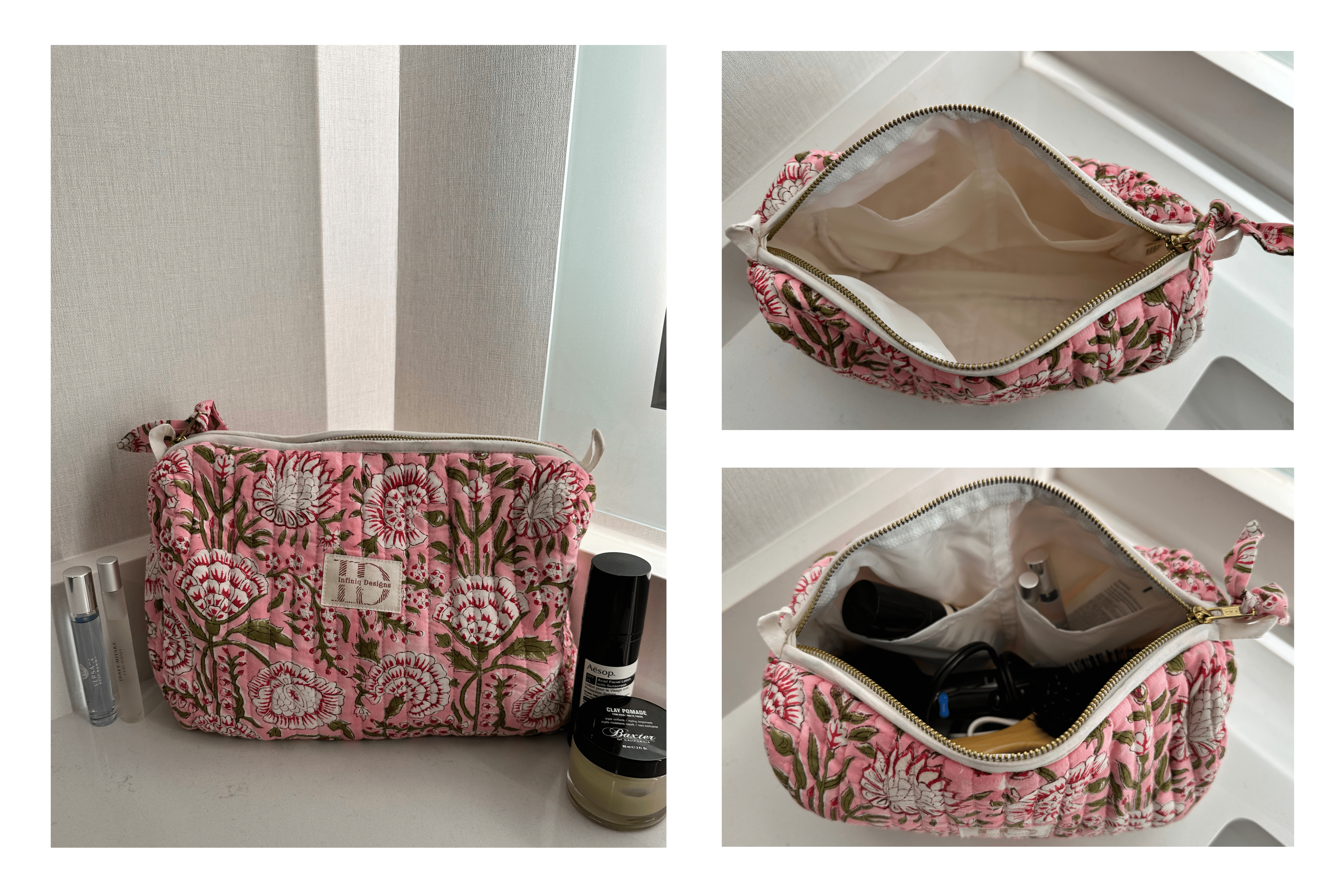 Interior view of Rani Garden toiletry bag showing internal pockets